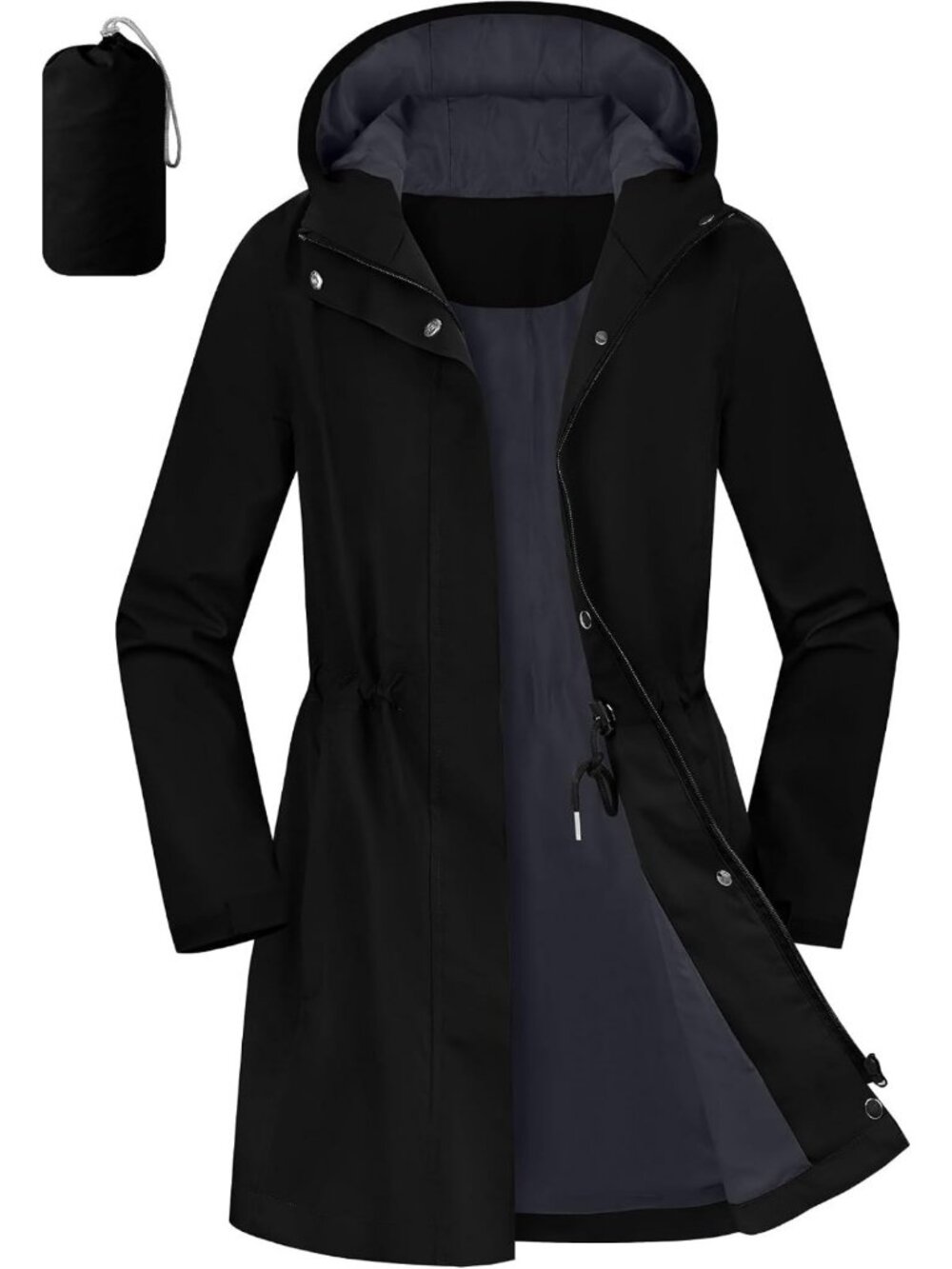 Women's Waterproof Packable Rain Jacket with Hood - Lightweight Long Coat